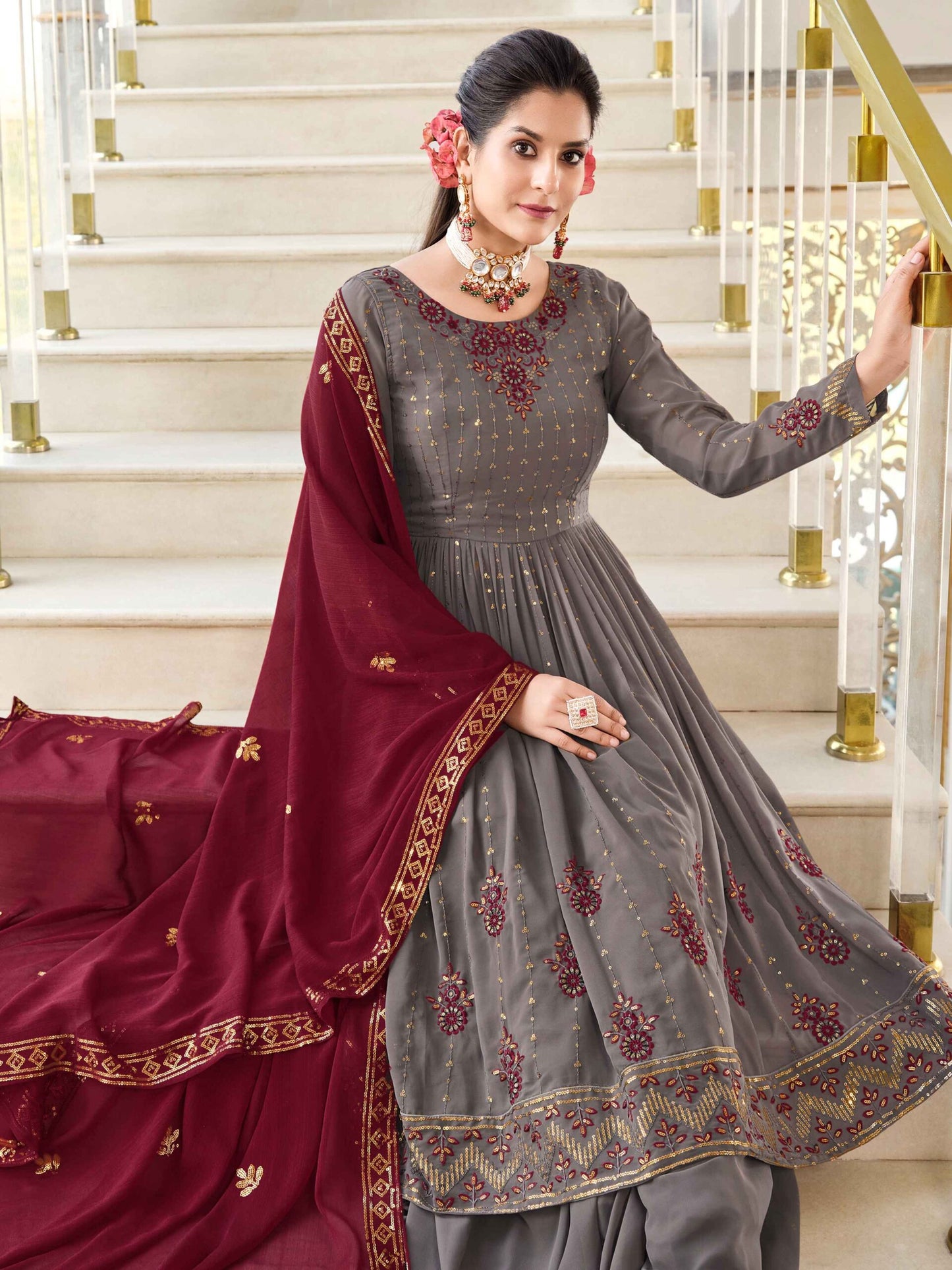 Grey Georgette Thread And Sequins Embroidered Kurta Palazzo Set