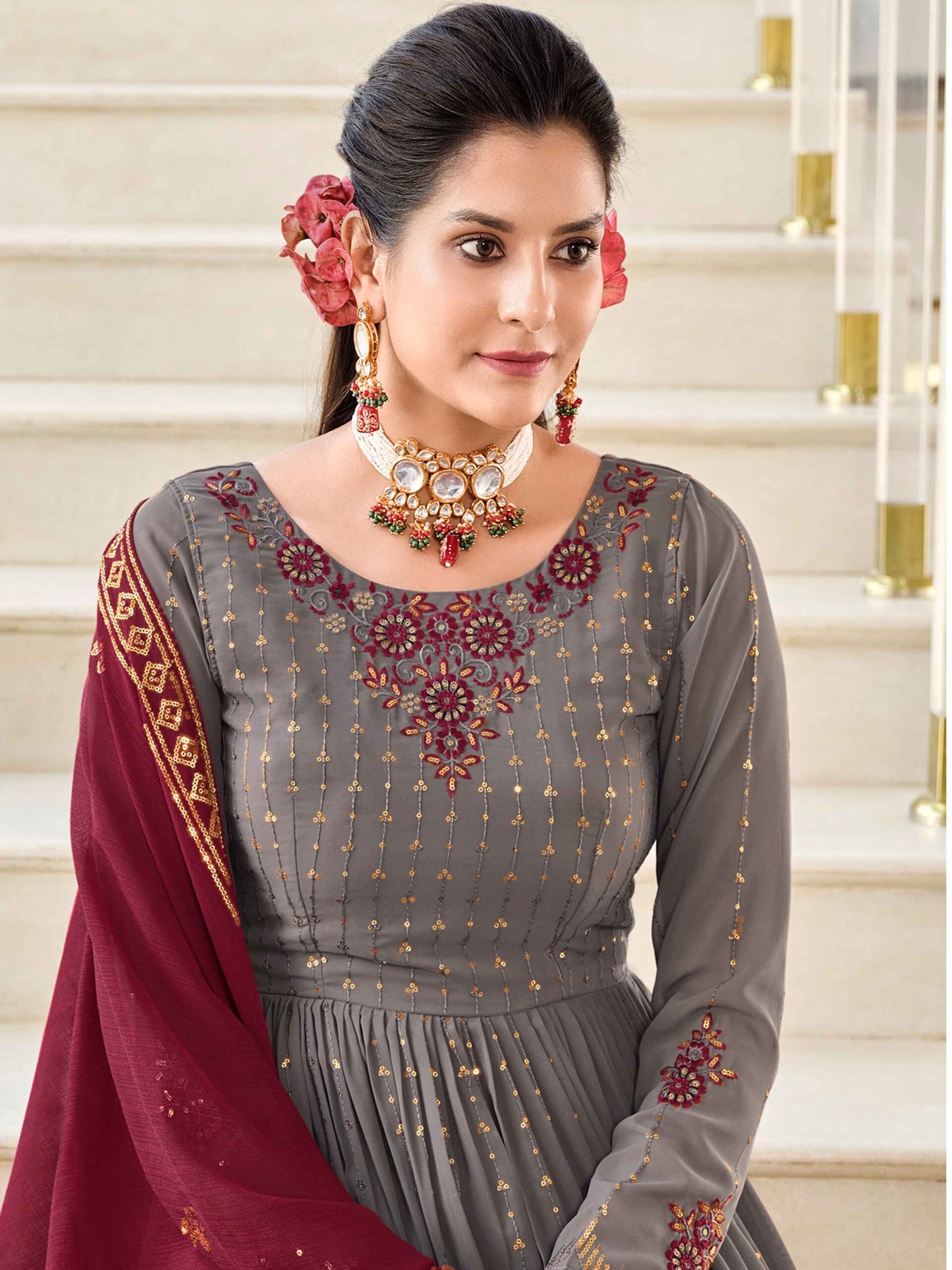 Grey Georgette Thread And Sequins Embroidered Kurta Palazzo Set