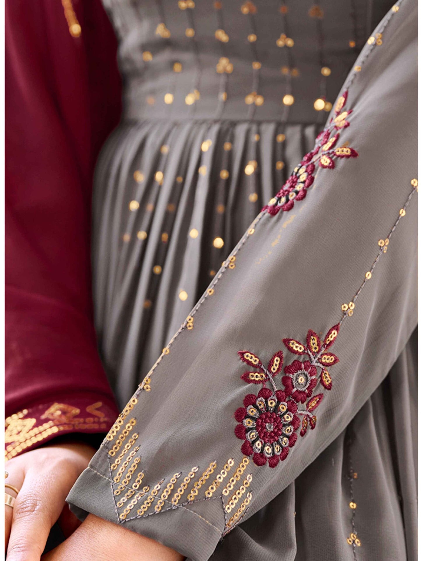 Grey Georgette Thread And Sequins Embroidered Kurta Palazzo Set