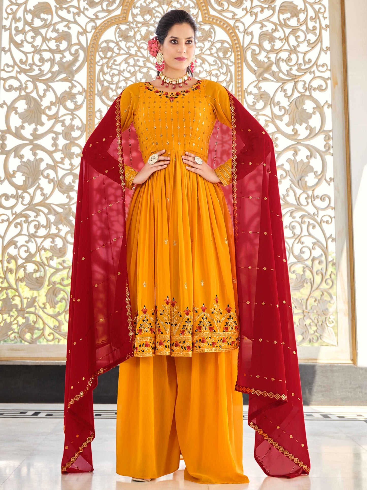 Mustard Yellow Georgette Thread And Sequins Embroidered Kurta Palazzo Set