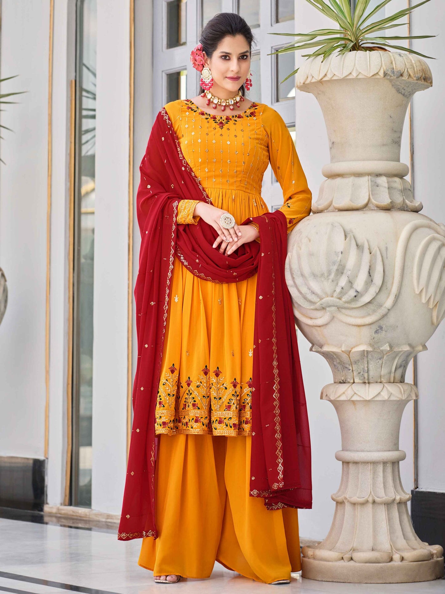 Mustard Yellow Georgette Thread And Sequins Embroidered Kurta Palazzo Set