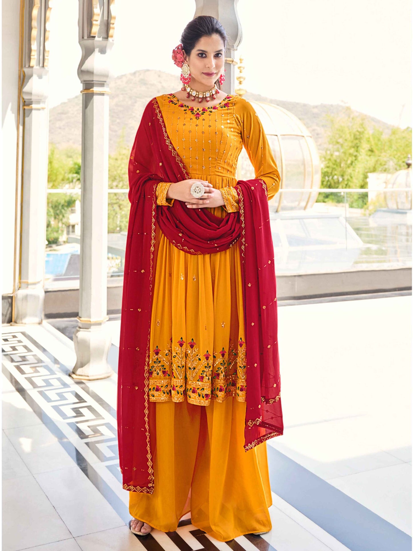 Mustard Yellow Georgette Thread And Sequins Embroidered Kurta Palazzo Set