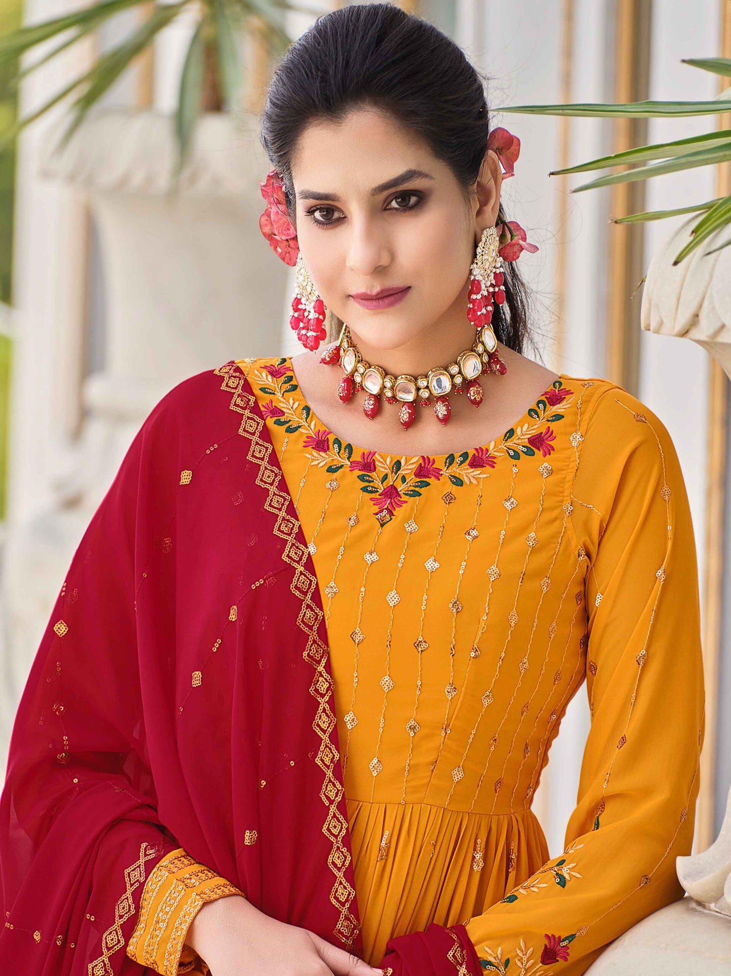 Mustard Yellow Georgette Thread And Sequins Embroidered Kurta Palazzo Set