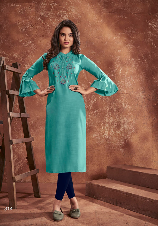 zeekha women nira cotton with handmade embroidery  straight kurta  (firozi)