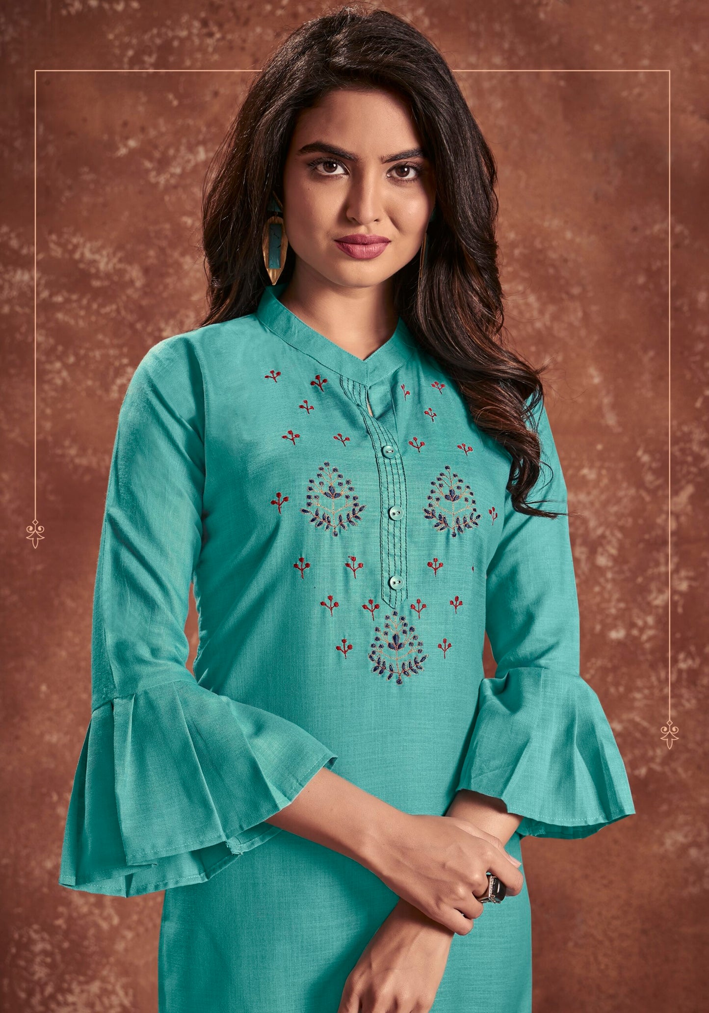 zeekha women nira cotton with handmade embroidery  straight kurta  (firozi)