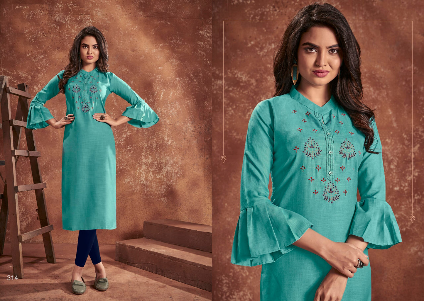 zeekha women nira cotton with handmade embroidery  straight kurta  (firozi)