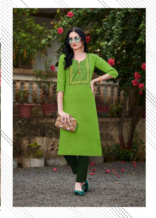 zeekha women nira cotton with handmade embroidery straight kurta (green)