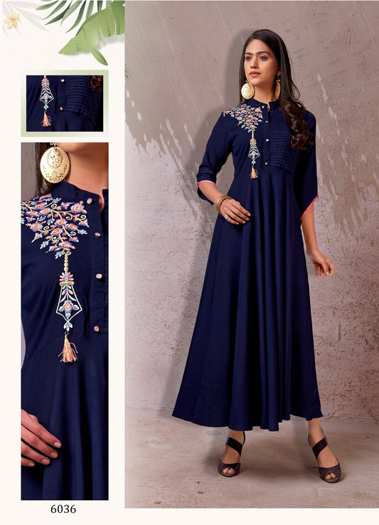 zeekha  flared designer long  kurti for beautiful girls and women (blue)