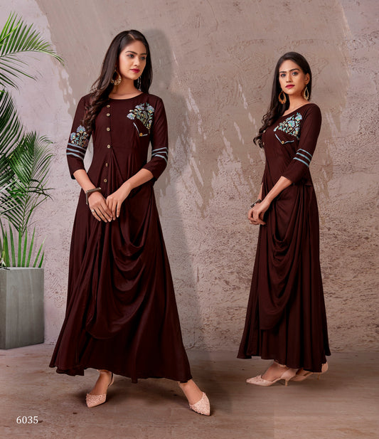 zeekha flared designer long kurti for beautiful girls and women (brown)