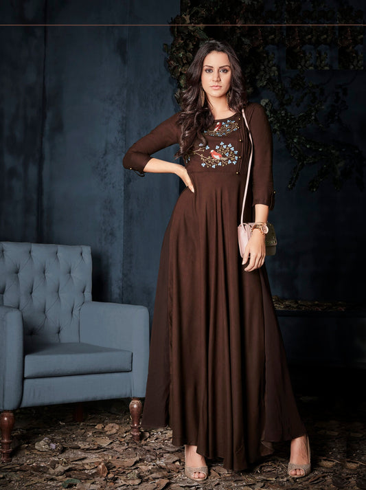 zeekha flared designer long kurti for beautiful girls and women (brown)