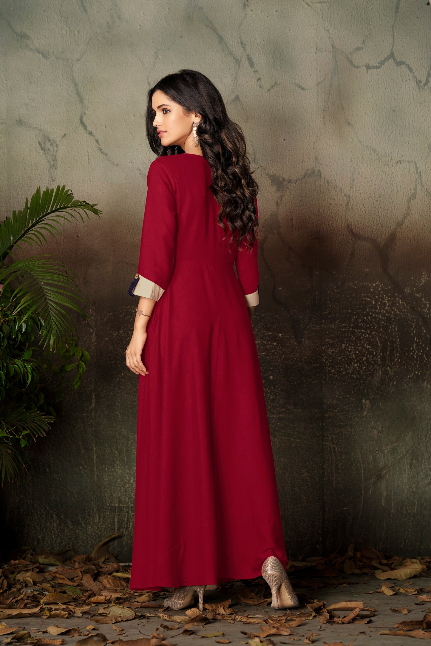 zeekha flared designer long kurti for beautiful girls and women (maroon)