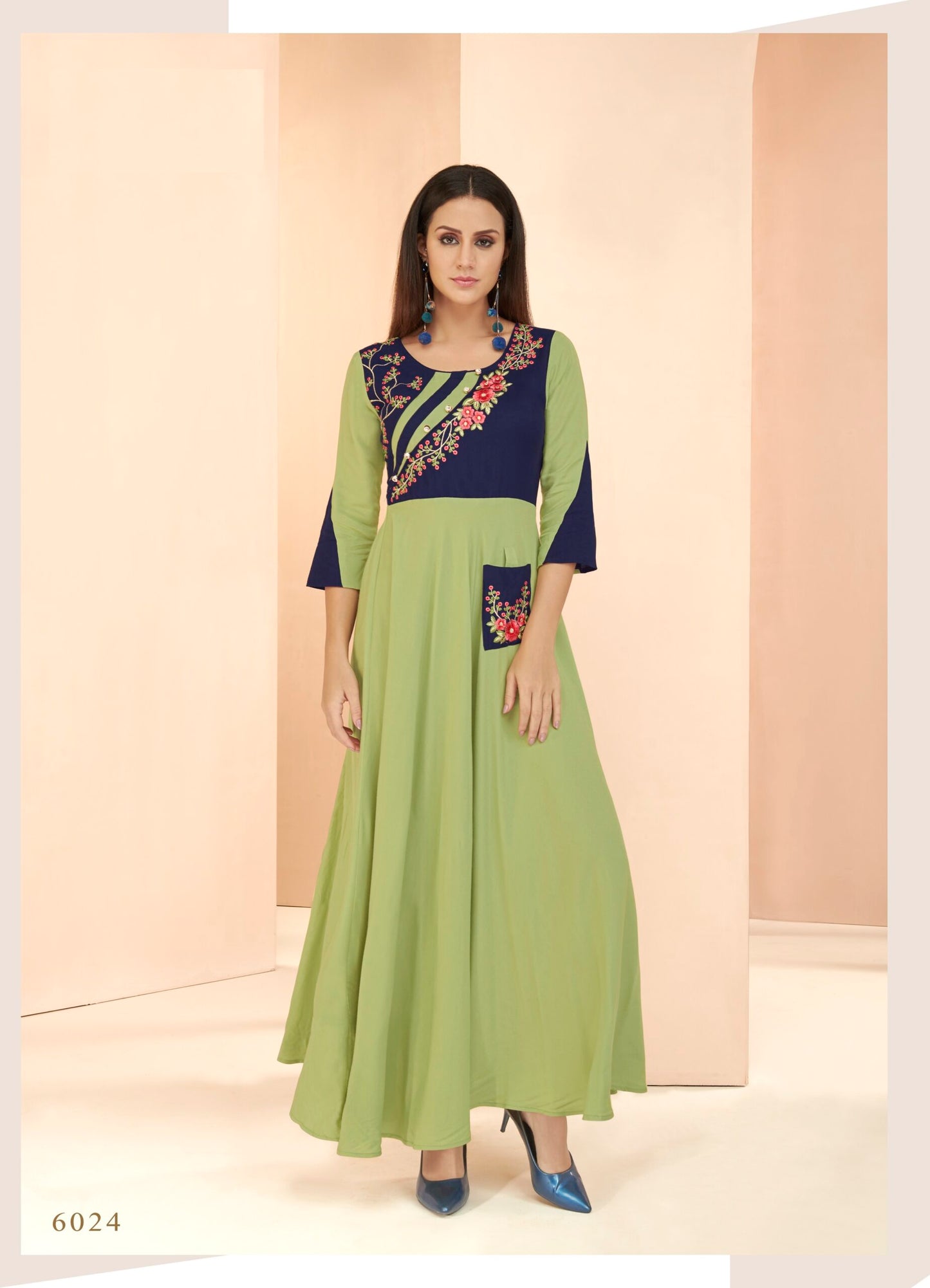 zeekha flared designer long  kurti for beautiful Girls and women (Pista)