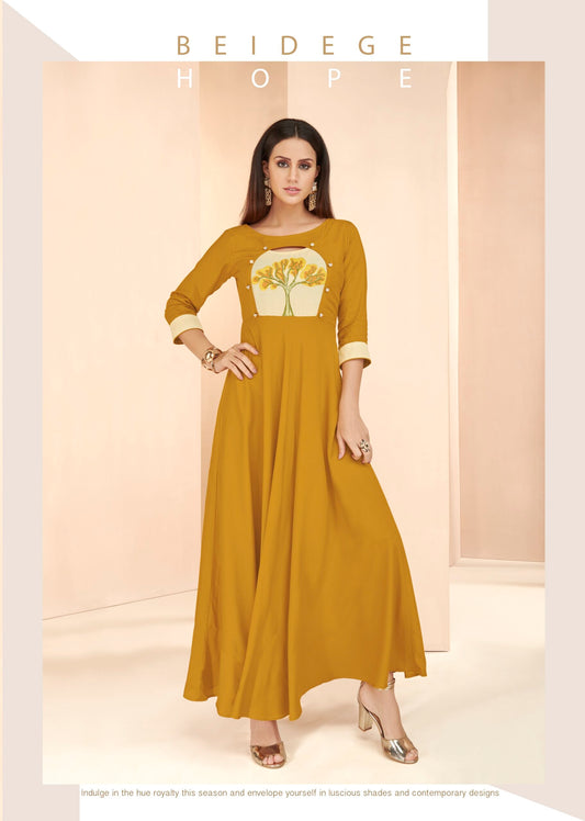 zeekha flared designer long  kurti for beautiful Girls and women (mustard)