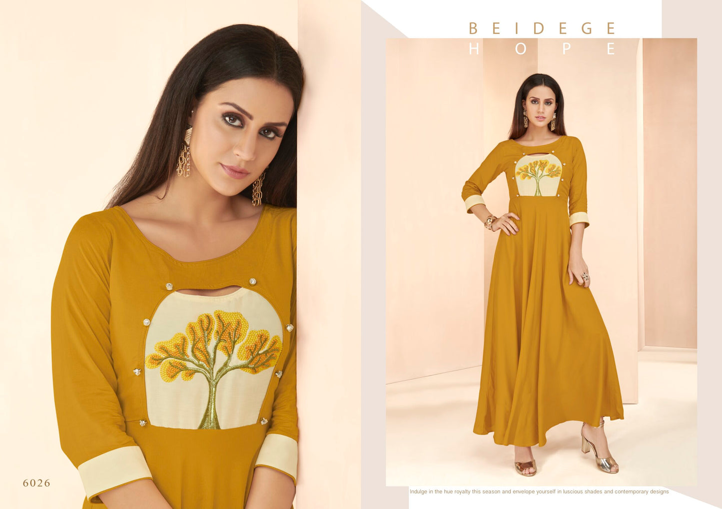 zeekha flared designer long  kurti for beautiful Girls and women (mustard)