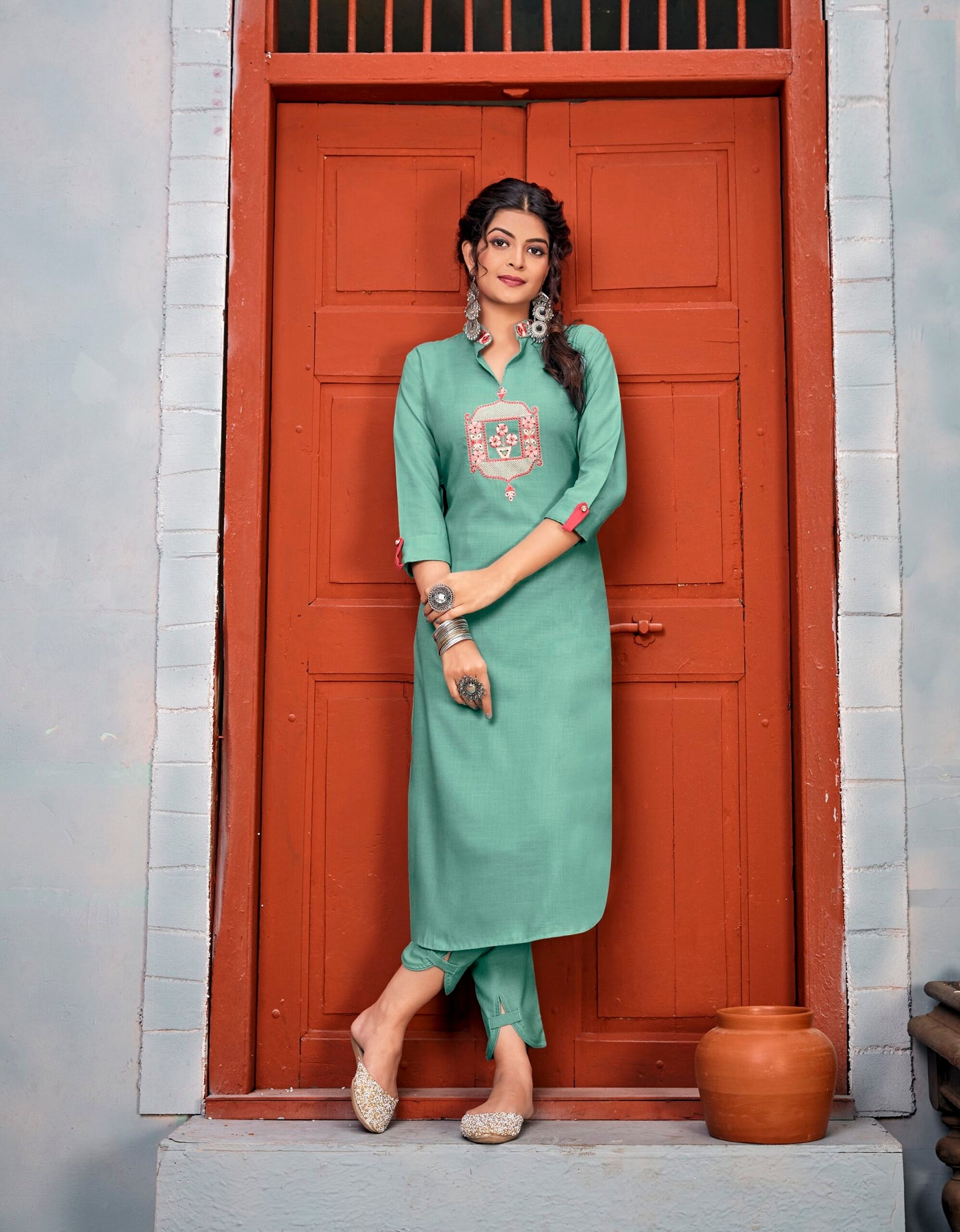 zeekha designer kurta pant set (firozi)