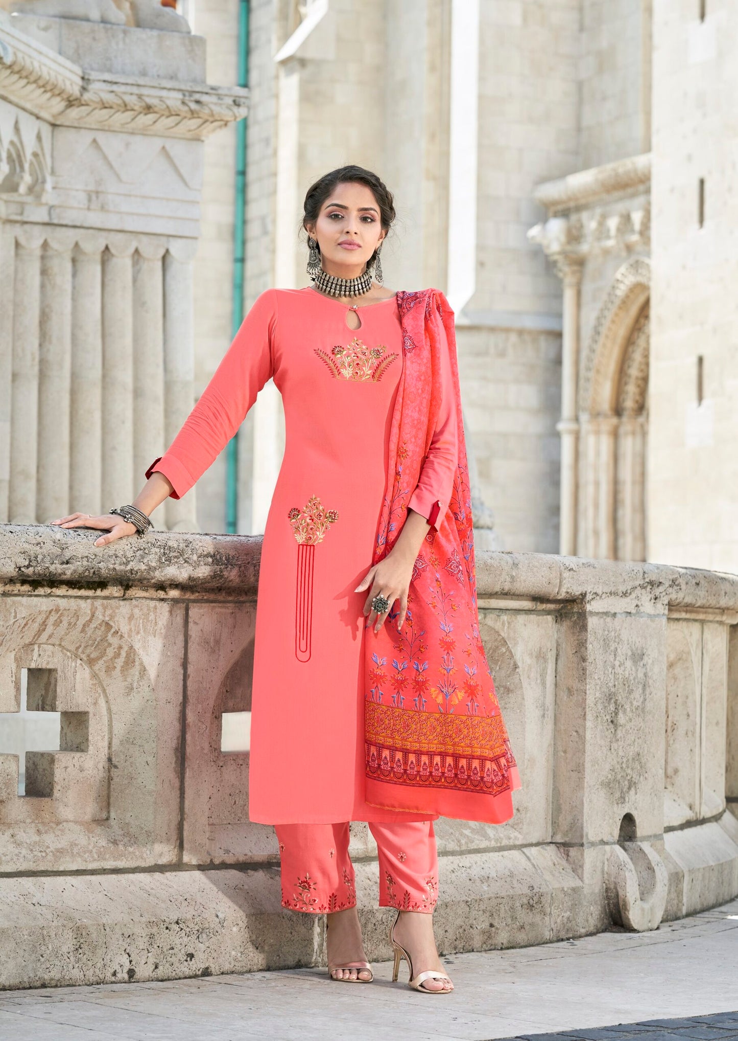 zeekha women premium Designer kurta pant dupatta Set (peach)