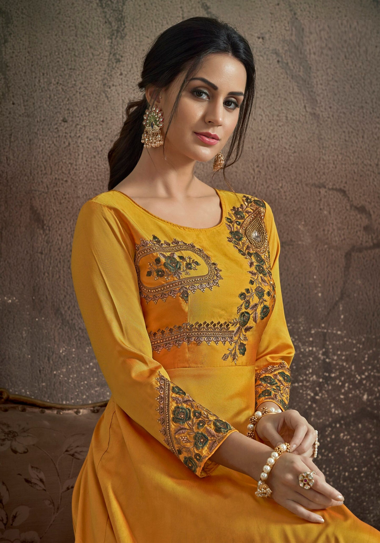 zeekha designer premium quality gown for womens (mustard)