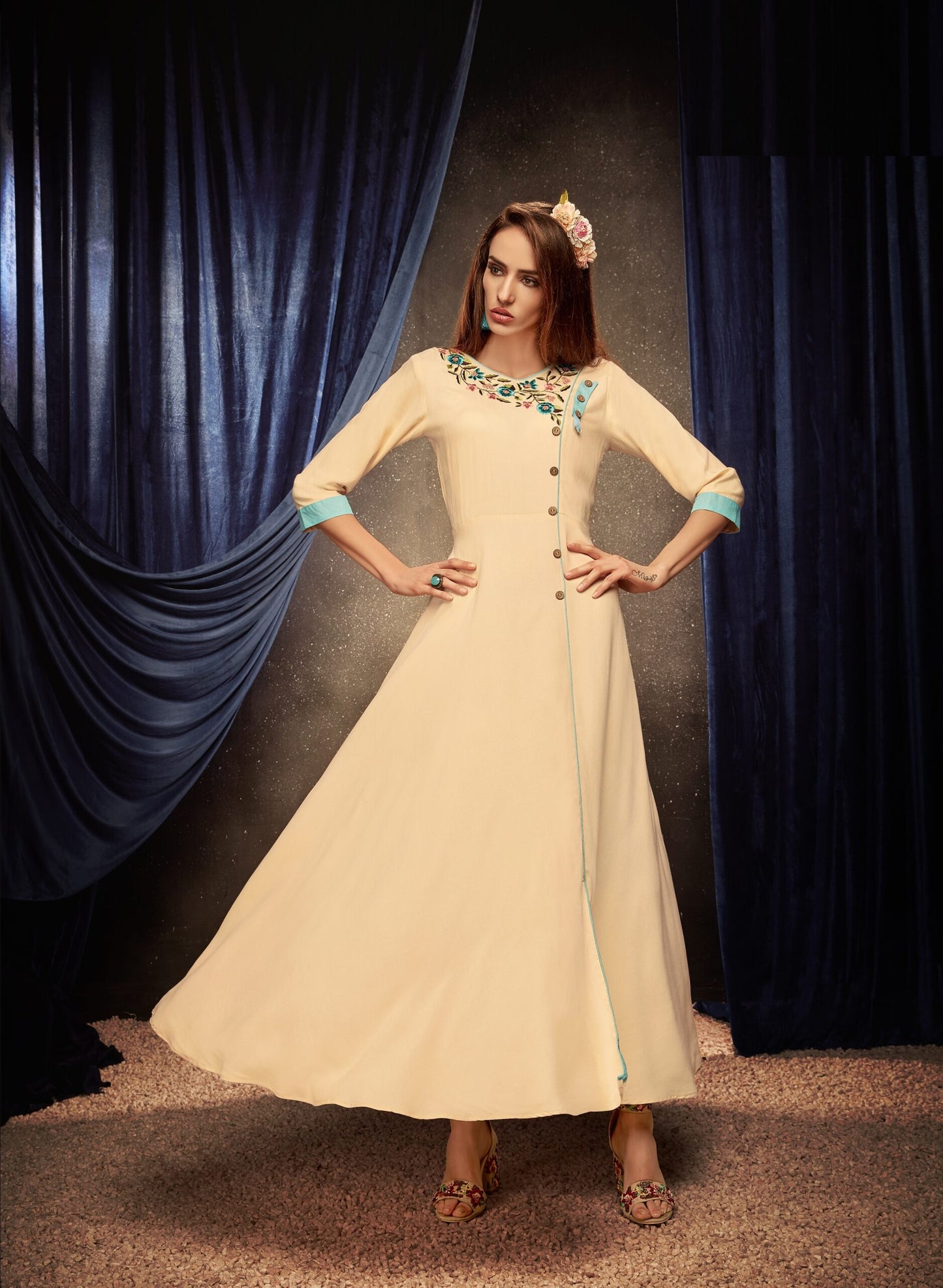 zeekha flared designer long kurti for beautiful Girls and women (cream)