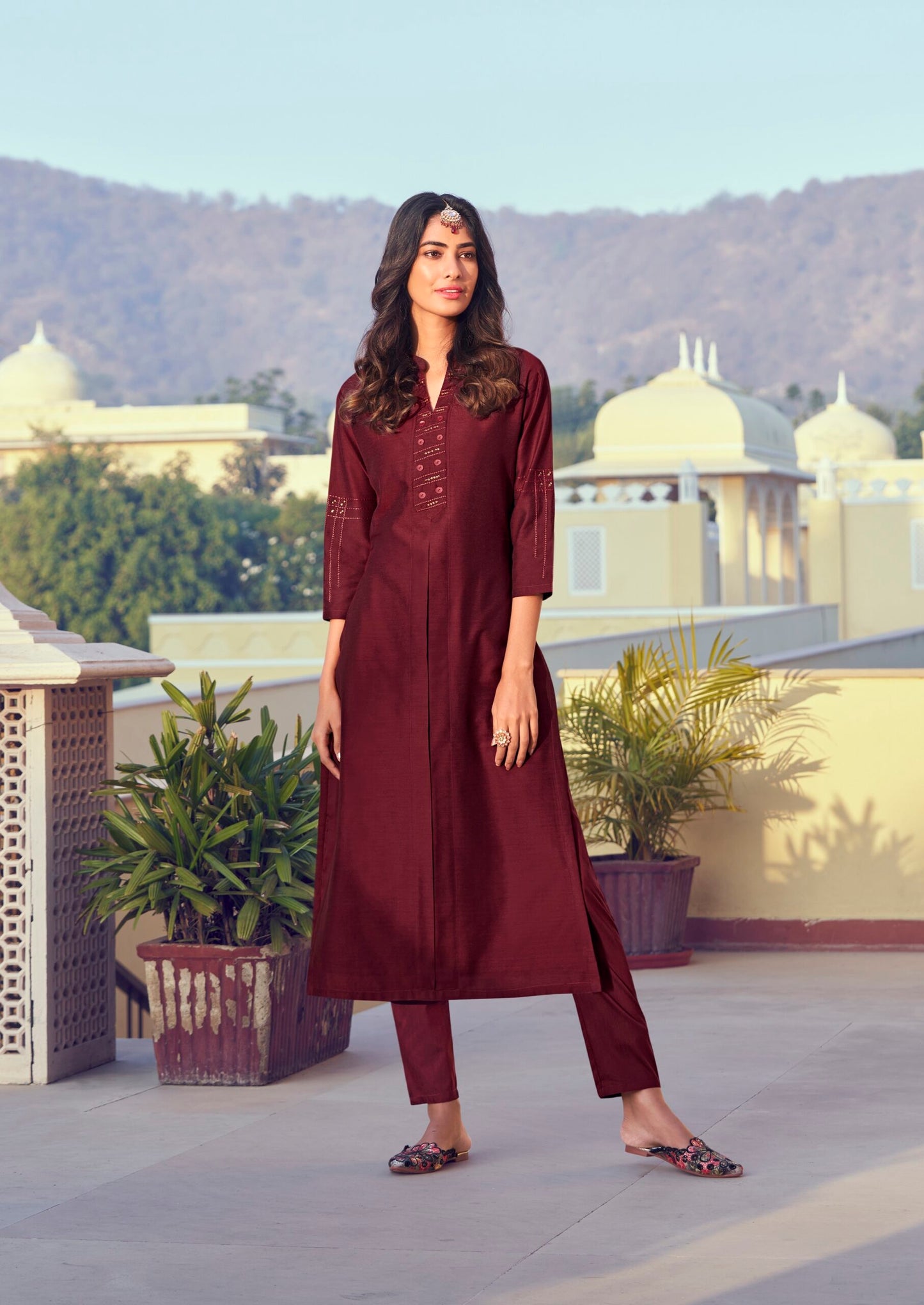 zeekha designer roman silk kurta pant Set (maroon)