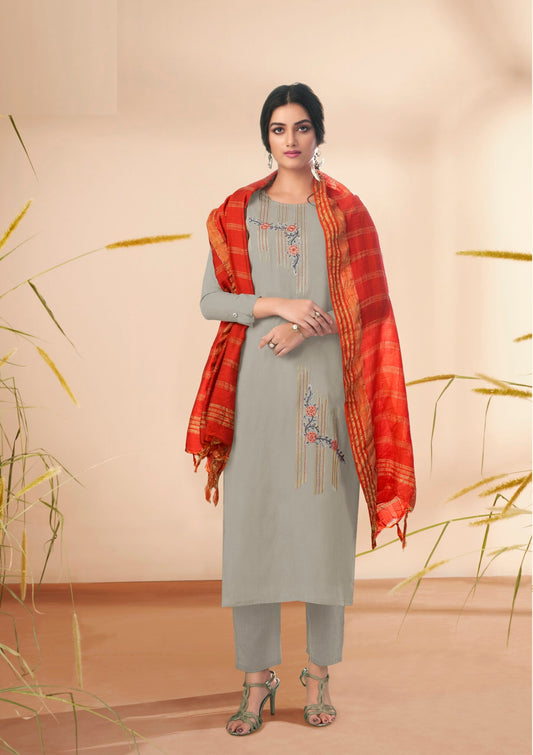 zeekha women premium Designer kurta pant dupatta Set (grey)