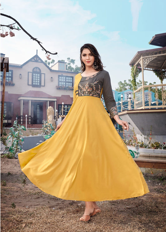 zeekha flared designer long kurti for beautiful Girls and women (mustard)