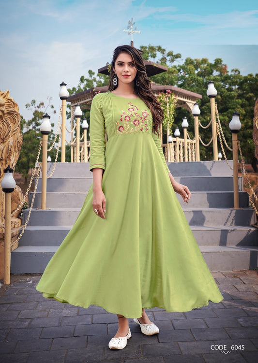 zeekha flared designer long kurti for beautiful Girls and women (pista)