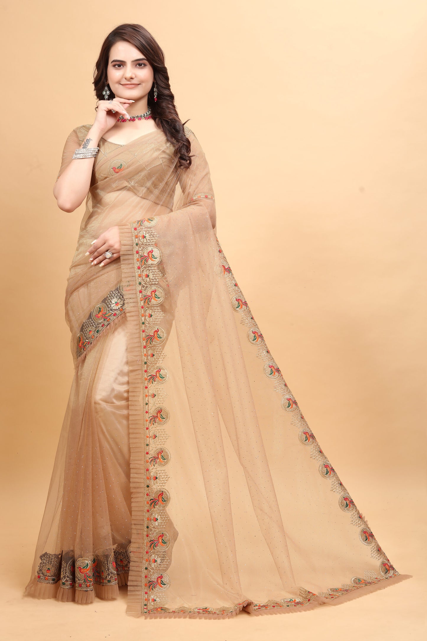 ZEEKHA Designer Embroidery With Diamond and Ruffle Work saree (Cream)