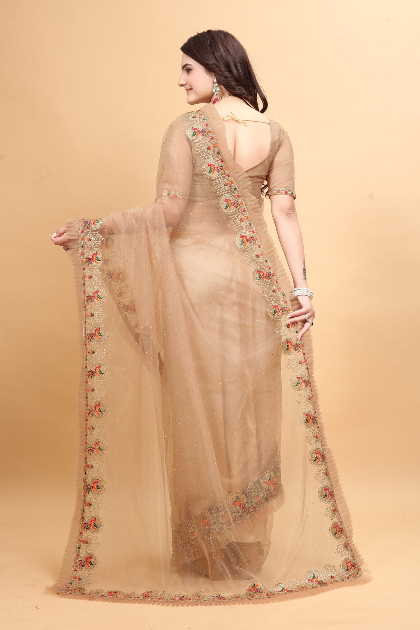 ZEEKHA Designer Embroidery With Diamond and Ruffle Work saree (Cream)