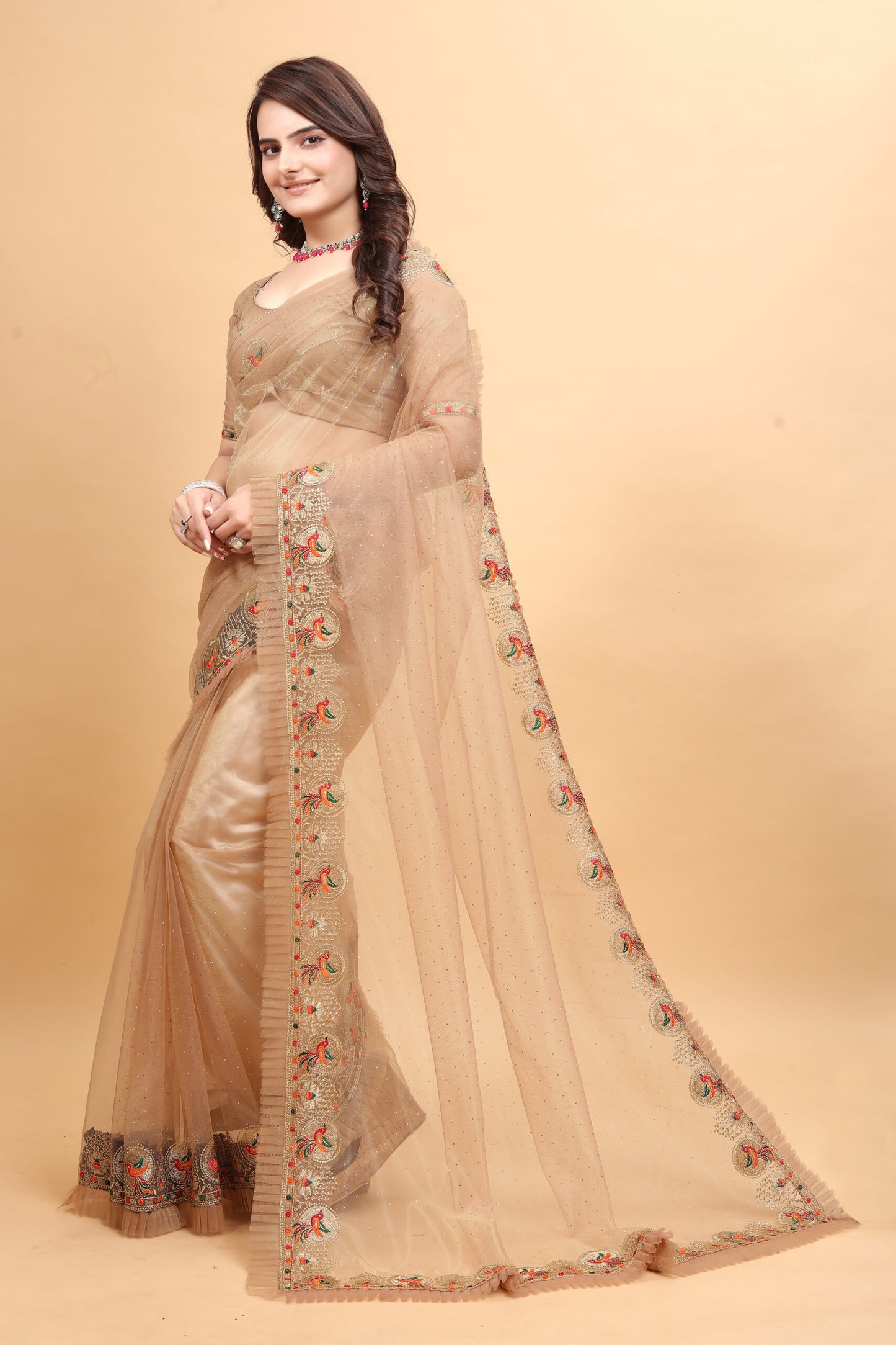 ZEEKHA Designer Embroidery With Diamond and Ruffle Work saree (Cream)