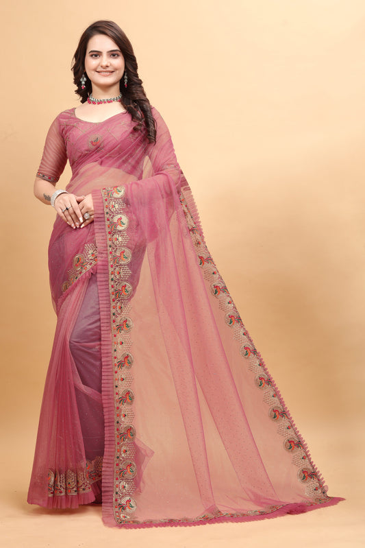 ZEEKHA Designer Embroidery With Diamond and Ruffle Work saree (Gajari)