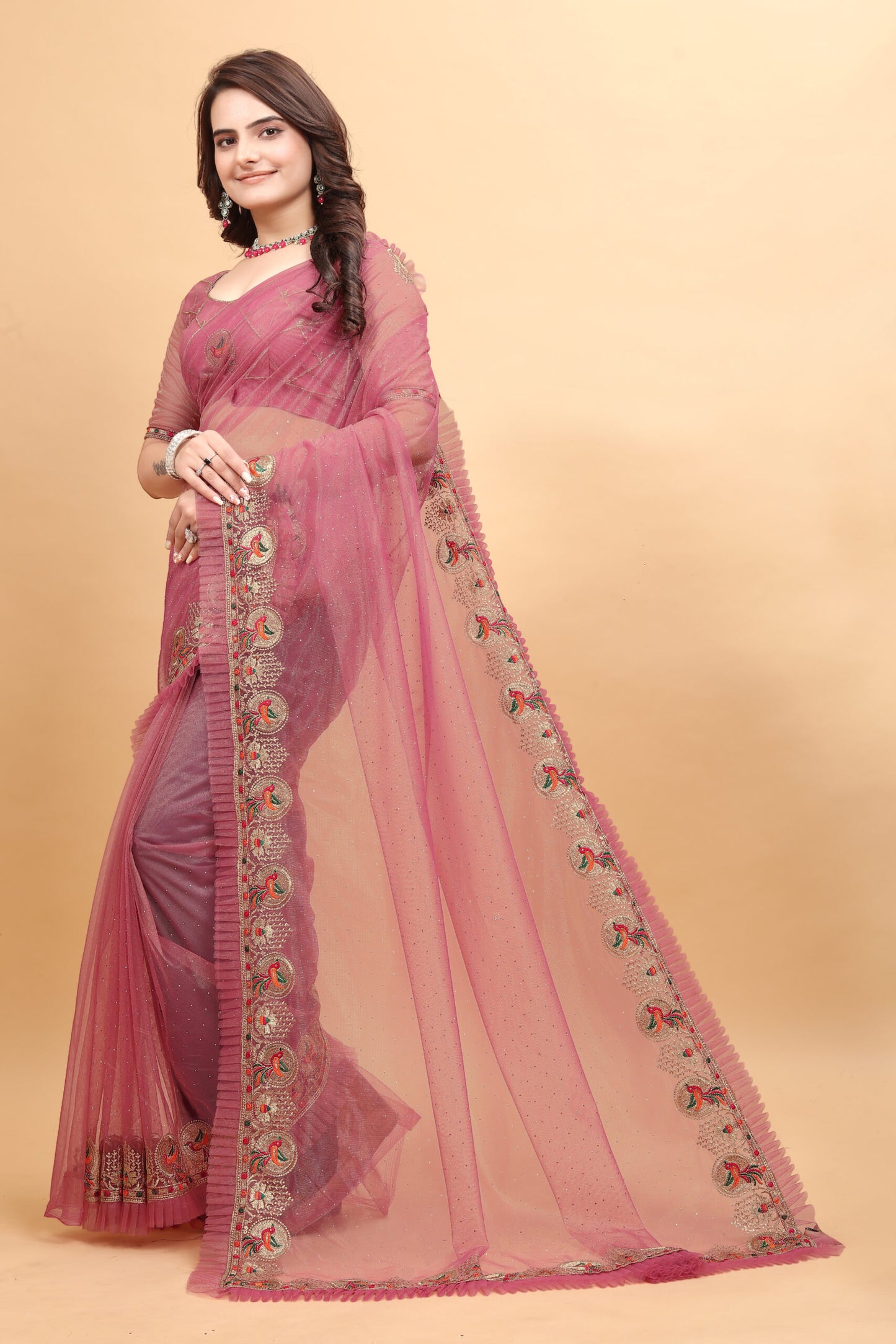 ZEEKHA Designer Embroidery With Diamond and Ruffle Work saree (Gajari)