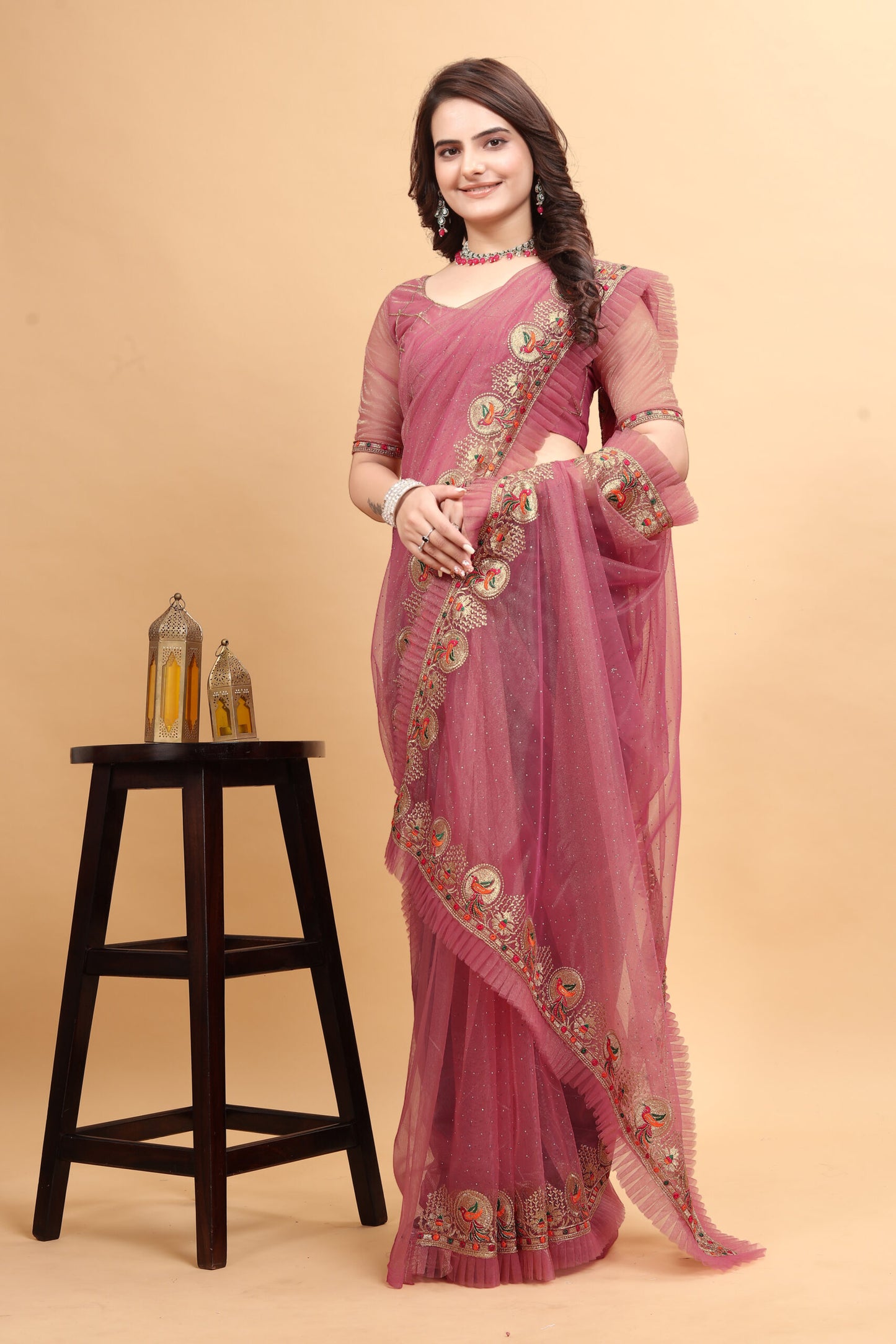 ZEEKHA Designer Embroidery With Diamond and Ruffle Work saree (Gajari)