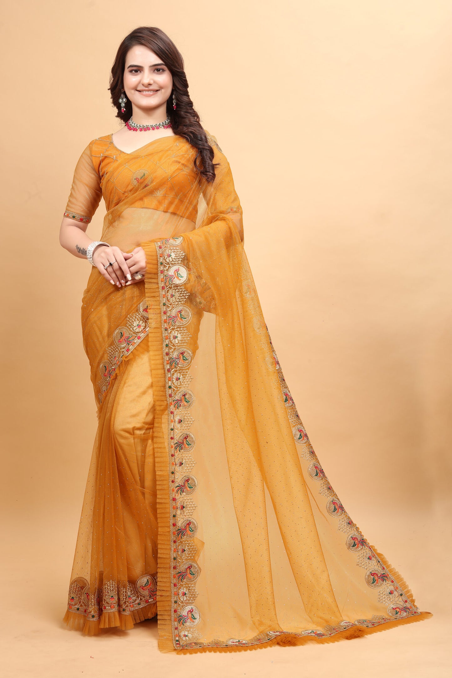 ZEEKHA Designer Embroidery With Diamond and Ruffle Work saree (Mustard)