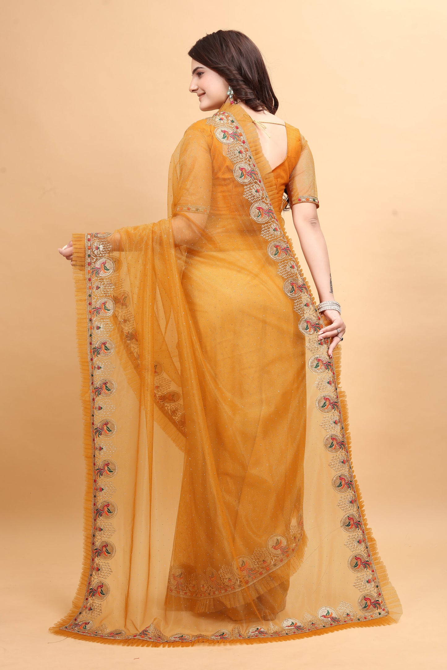 ZEEKHA Designer Embroidery With Diamond and Ruffle Work saree (Mustard)