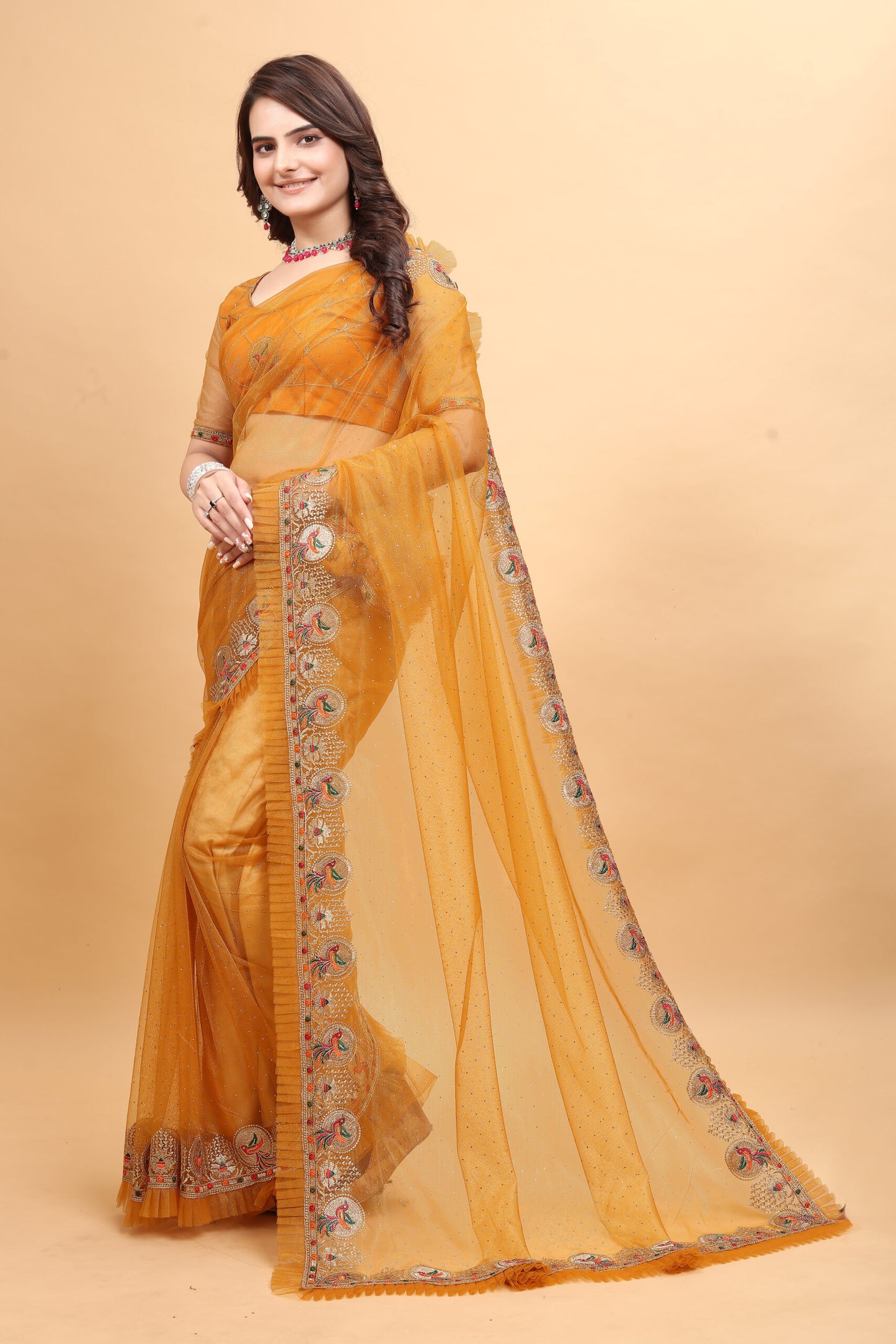 ZEEKHA Designer Embroidery With Diamond and Ruffle Work saree (Mustard)