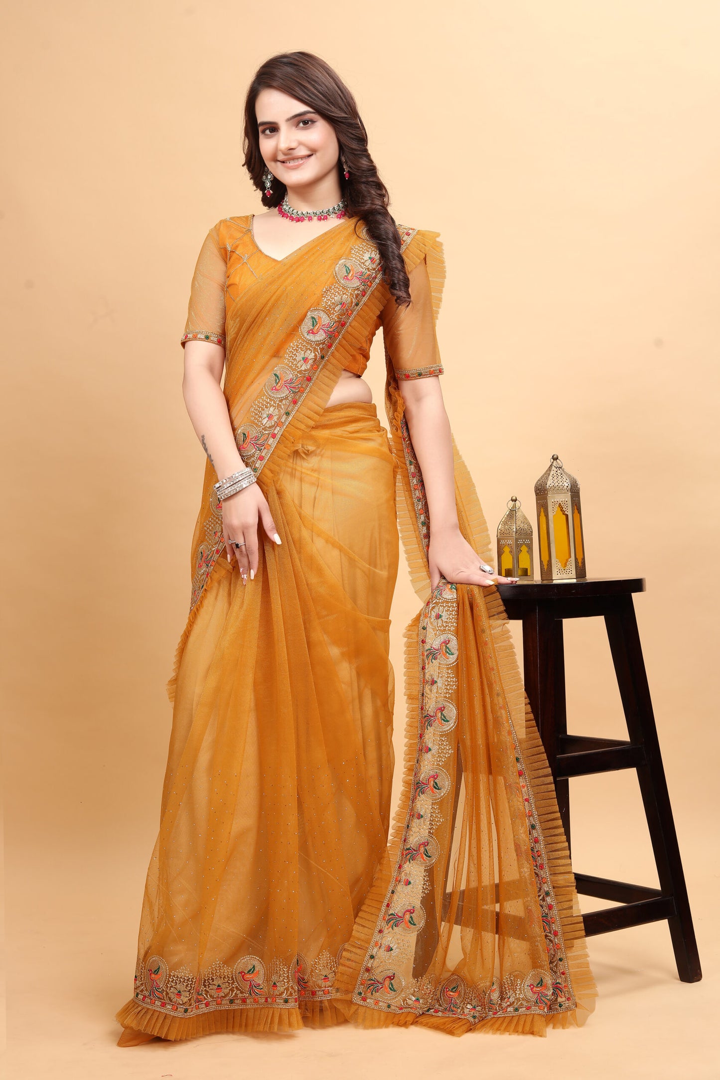 ZEEKHA Designer Embroidery With Diamond and Ruffle Work saree (Mustard)