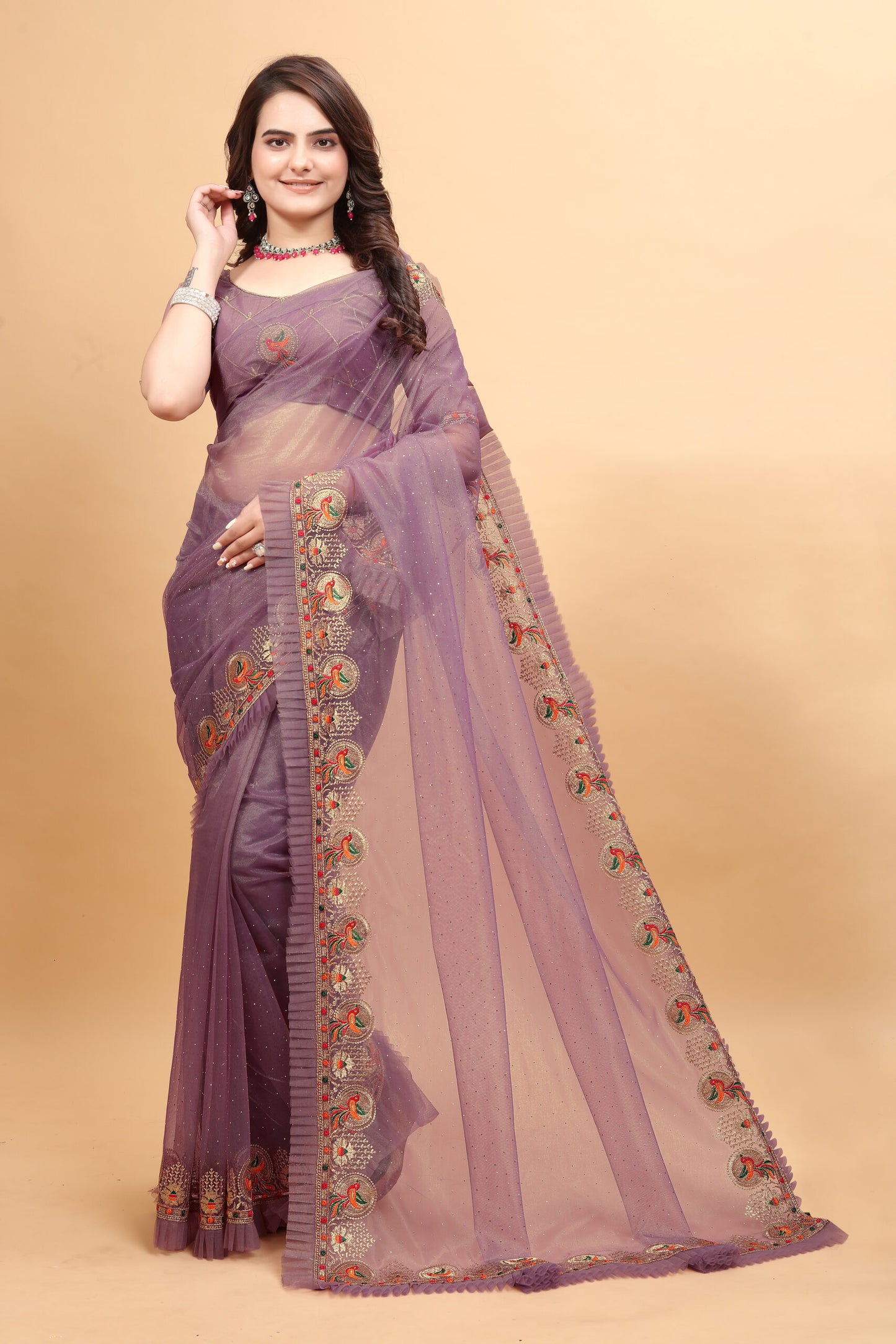 ZEEKHA Designer Embroidery With Diamond and Ruffle Work saree (Peach)