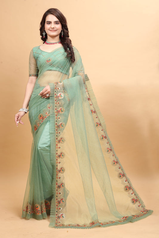 ZEEKHA Designer Embroidery With Diamond and Ruffle Work saree (Pista)