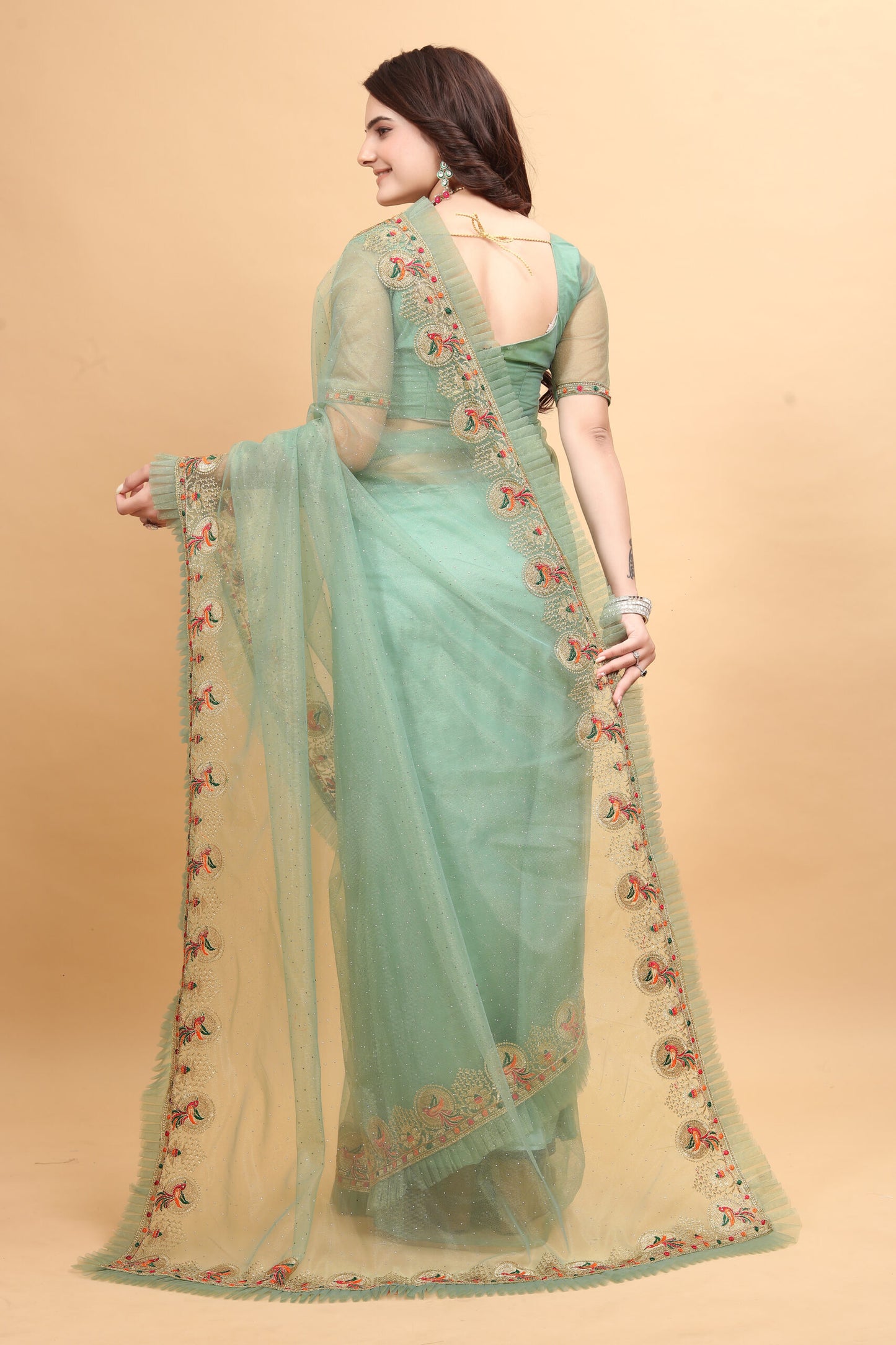 ZEEKHA Designer Embroidery With Diamond and Ruffle Work saree (Pista)