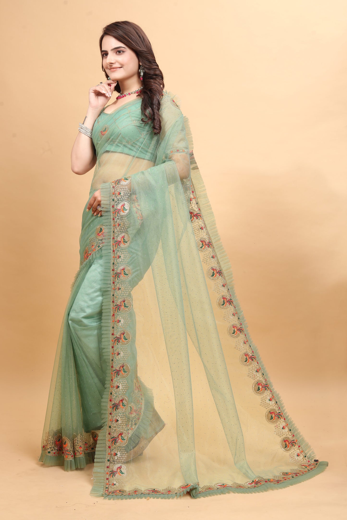 ZEEKHA Designer Embroidery With Diamond and Ruffle Work saree (Pista)