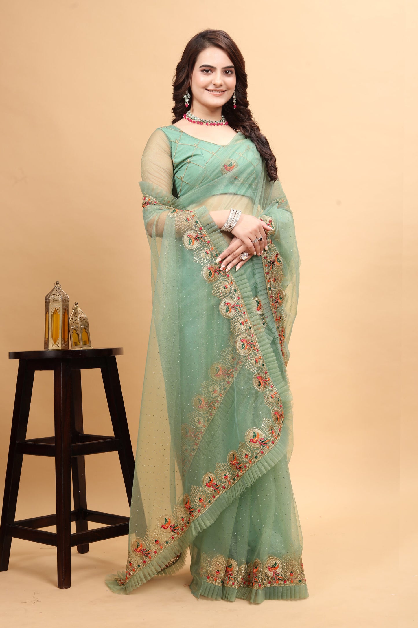 ZEEKHA Designer Embroidery With Diamond and Ruffle Work saree (Pista)