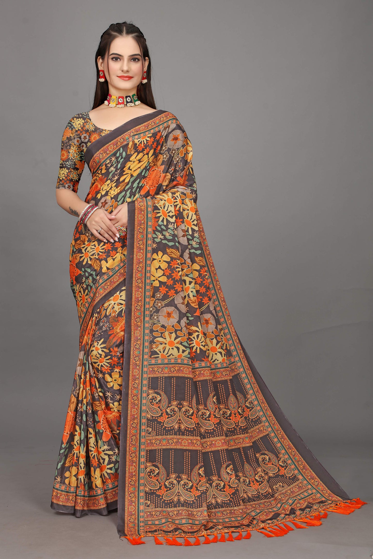 luxurious designer digital print  chiffon silk saree