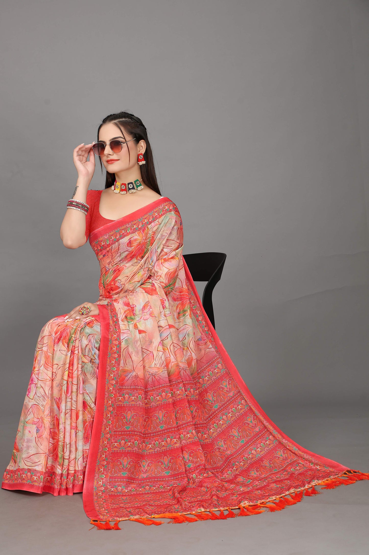 luxurious designer digital print  chiffon silk saree