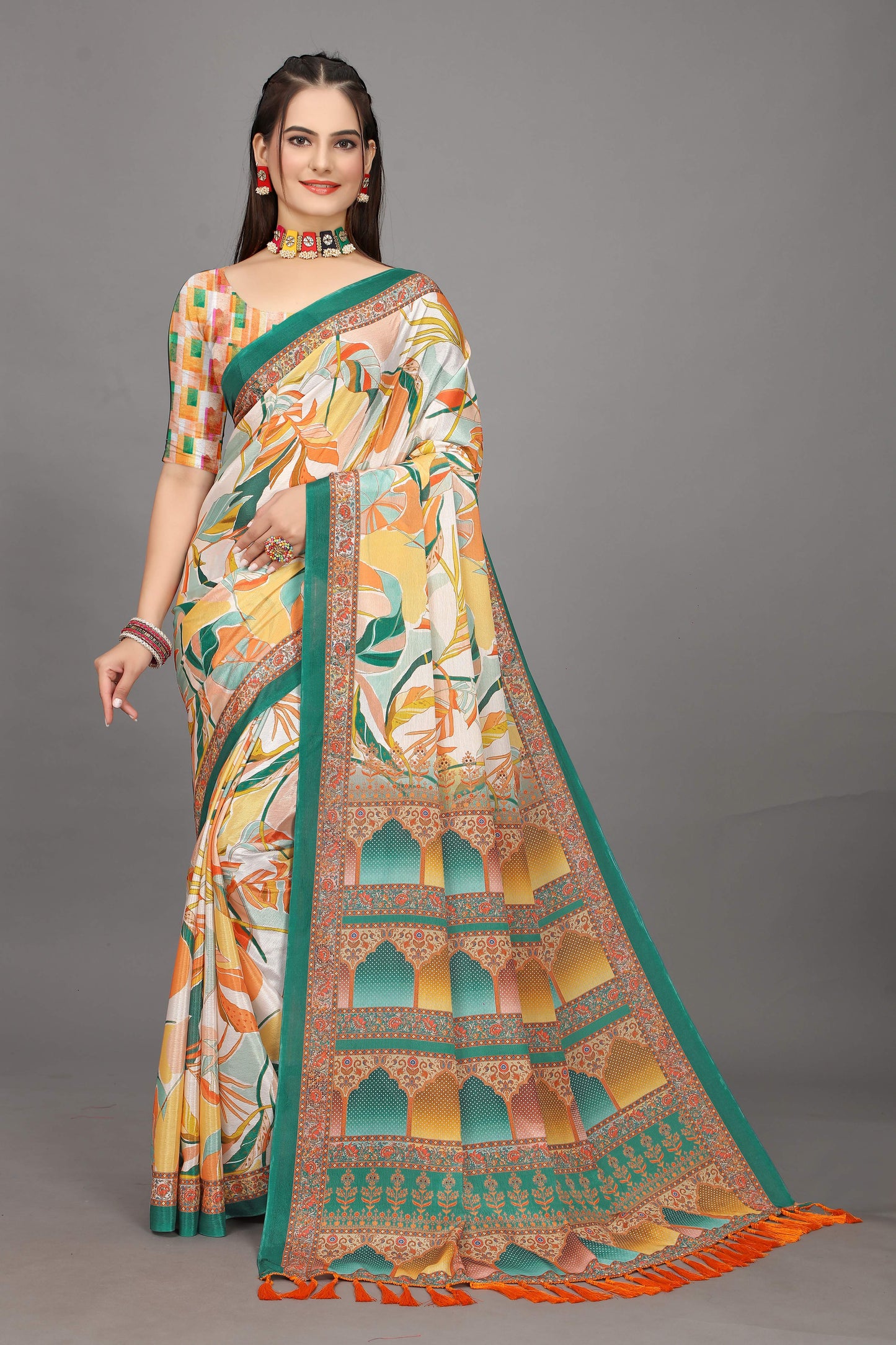 luxurious designer digital print  chiffon silk saree