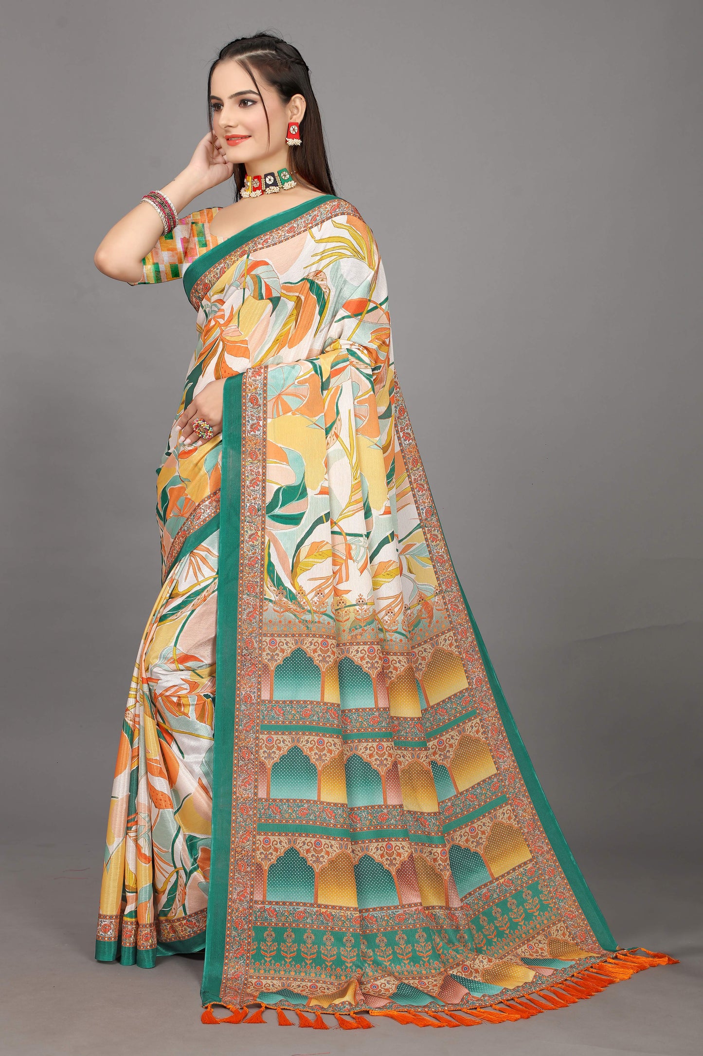 luxurious designer digital print  chiffon silk saree