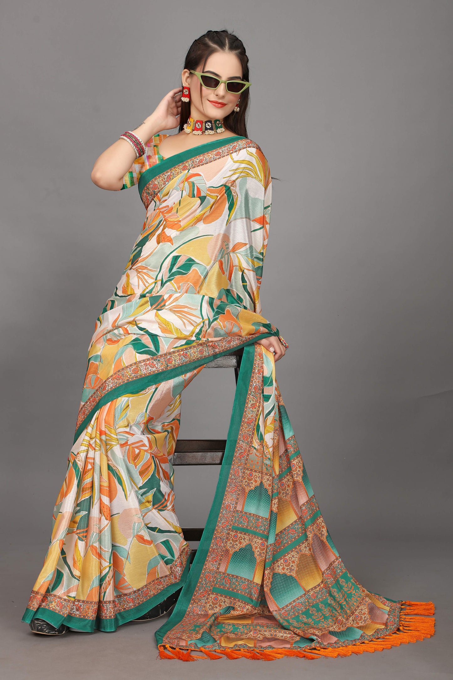 luxurious designer digital print  chiffon silk saree