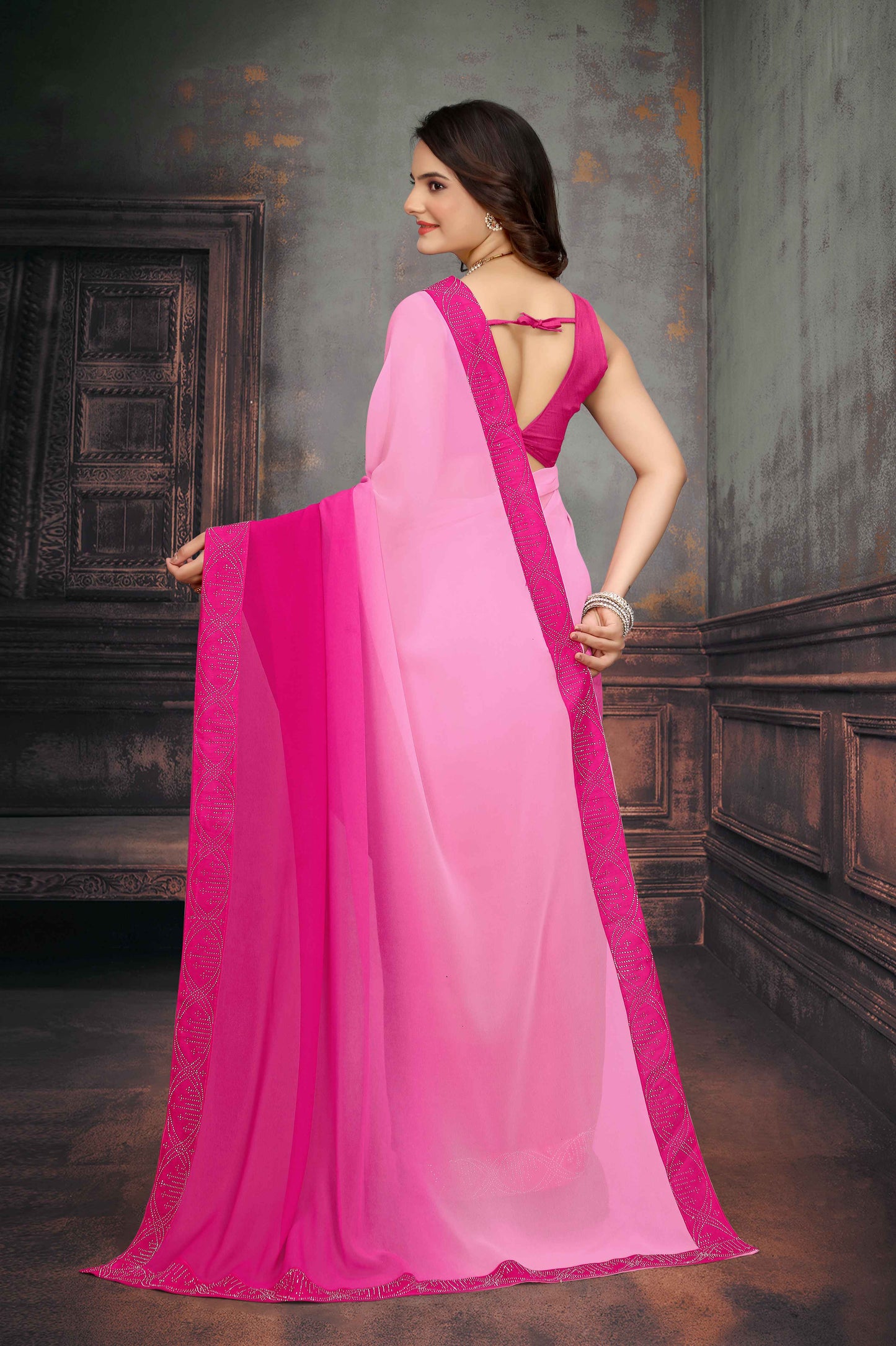 zeekha dimond stone work hot fixing georgette sarees With Unstitched Blouse Piece (pink)