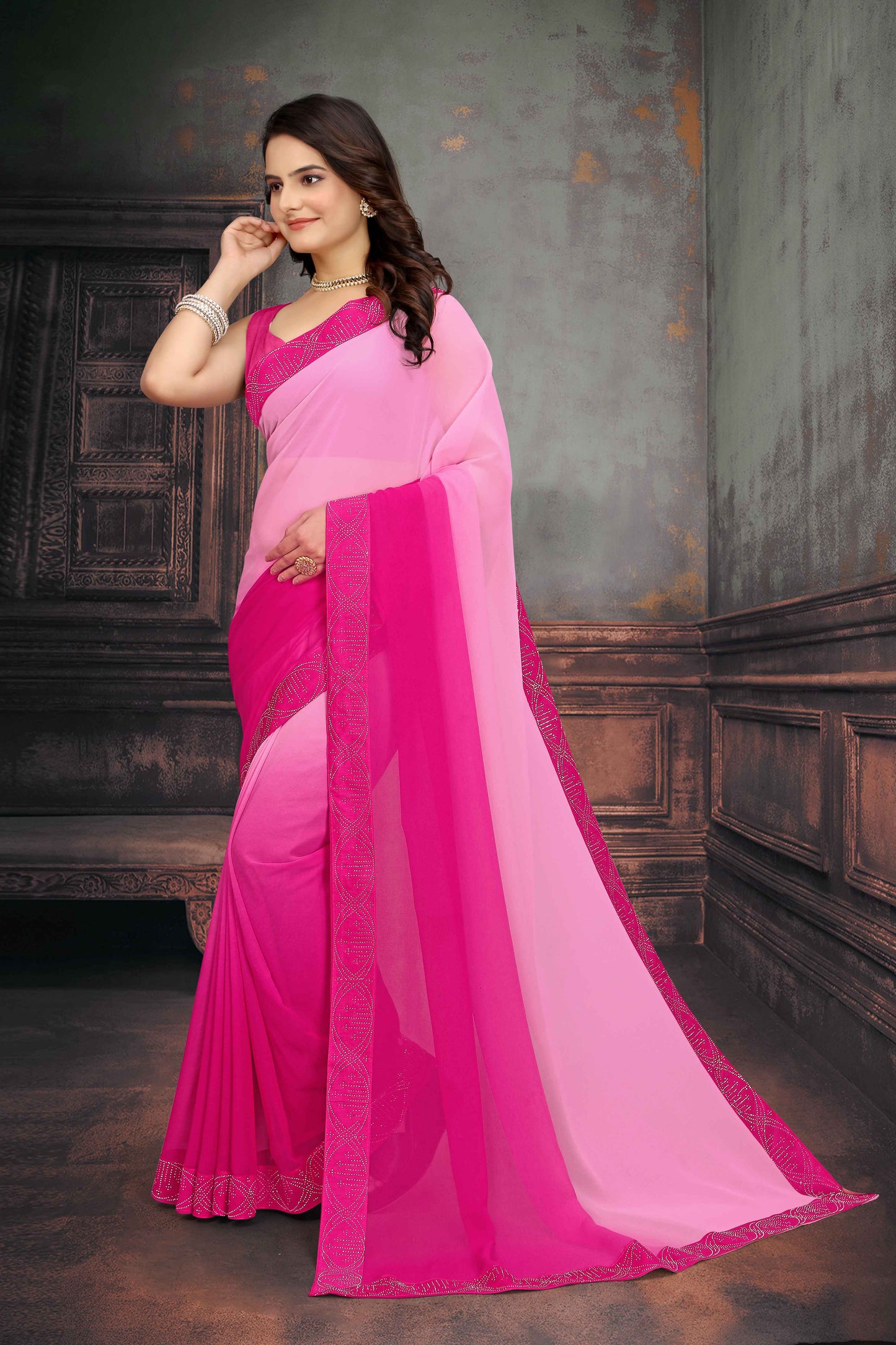 zeekha dimond stone work hot fixing georgette sarees With Unstitched Blouse Piece (pink)