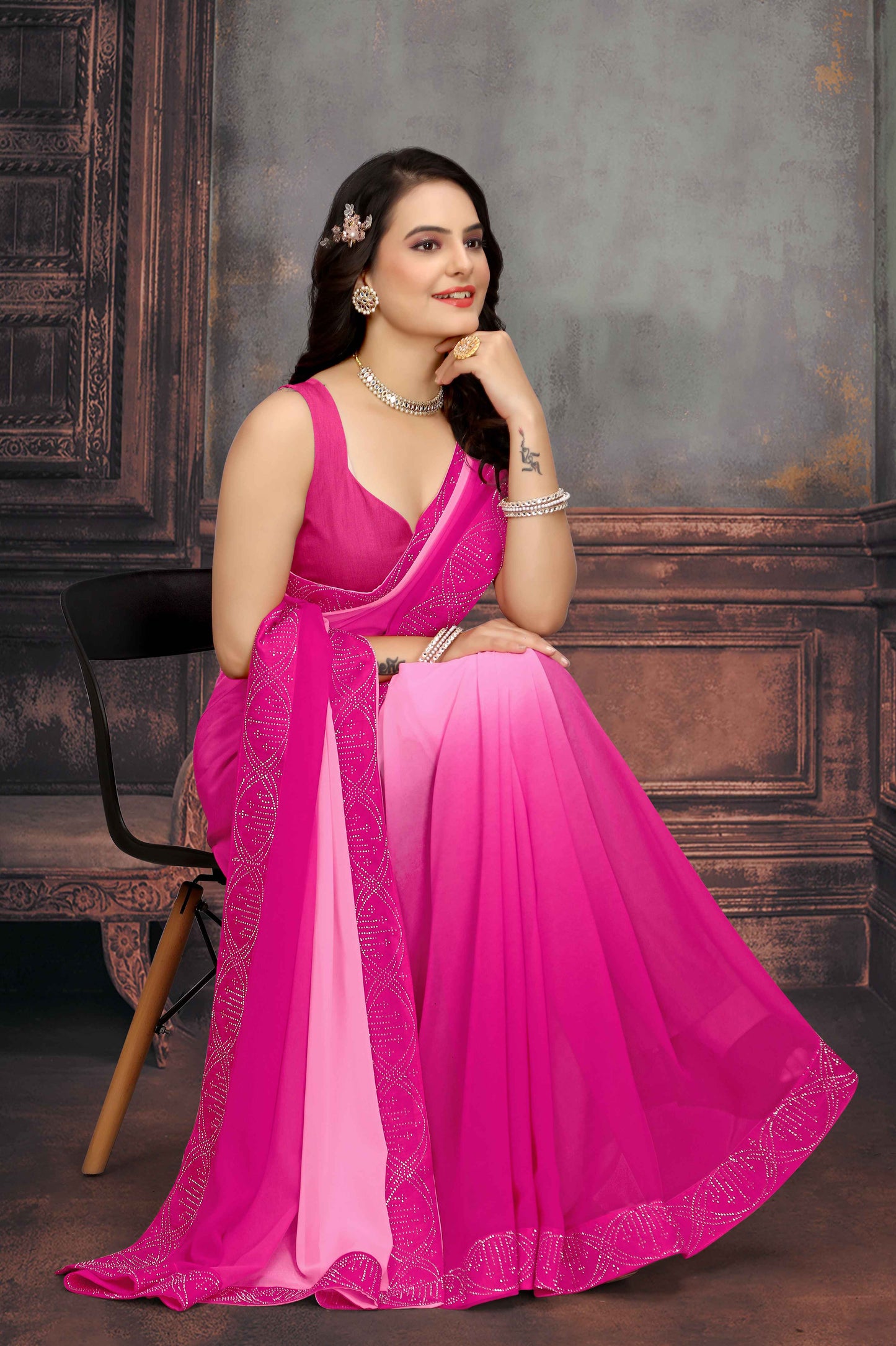 zeekha dimond stone work hot fixing georgette sarees With Unstitched Blouse Piece (pink)