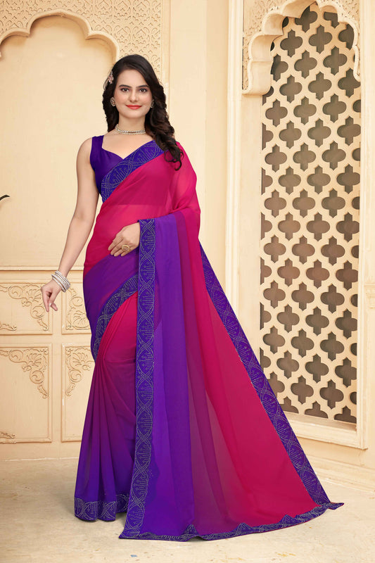 zeekha dimond stone work hot fixing georgette sarees With Unstitched Blouse Piece (magenta)